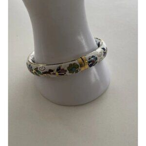 Vintage White Enamel Cloisonné Floral Blue Multi Color Hinged  Bangle Sz 7.5”